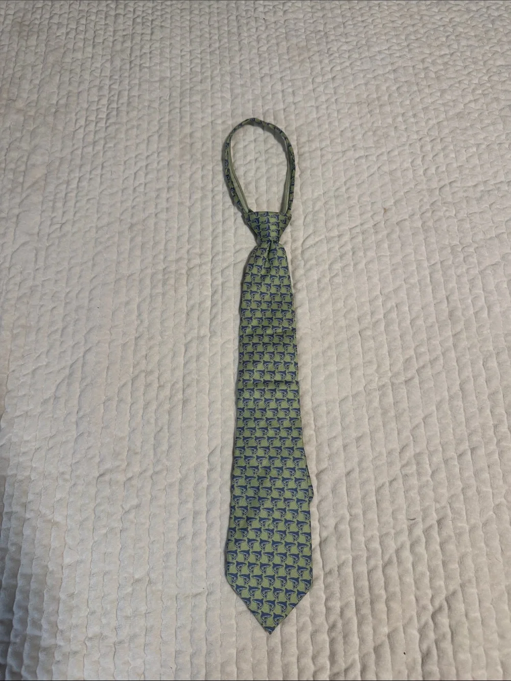 Vineyard Vines Boys Green and Navy shark Print Silk Zip Tie